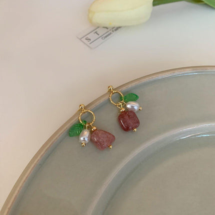 Unique Geometric Strawberry Crystal Green Leaf Earrings with Imitation Pearls