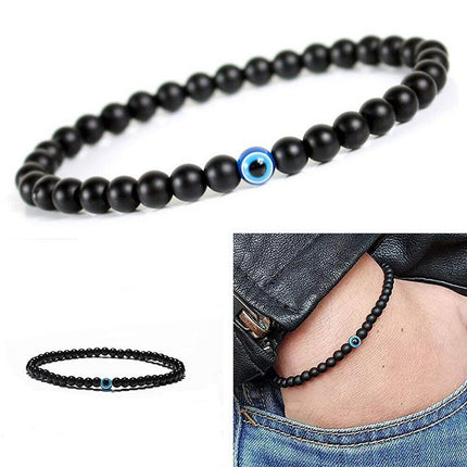 Turkish Greek Evil Eye Bracelet 6mm Elastic Cord Black Bead Handmade Unisex - Aimall