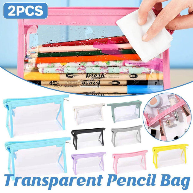 2PCS Transparent Zipper Pencil Case Cosmetic Pouch Pen Storage Bag for Girls