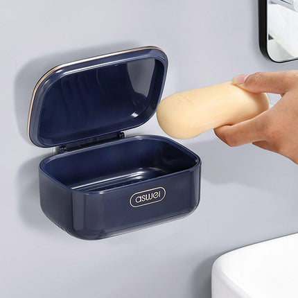 Household Wall Mounted Soap Box With Lid Drainage Non Punch Bathroom Storage Box