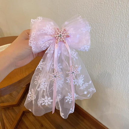 Girls Snowflake Hair Clip Tulle Veil Bow Barrettes Christmas Hairband Gift Party - Aimall