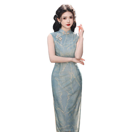 Retro Mesh Printed Double Layer Sleeveless Cheongsam Mid Length Improved Design