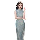 Retro Mesh Printed Double Layer Sleeveless Cheongsam Mid Length Improved Design