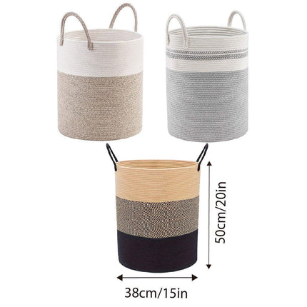Woven Cotton Rope Storage Basket Foldable Laundry Bin Bamboo Clothes Organizer