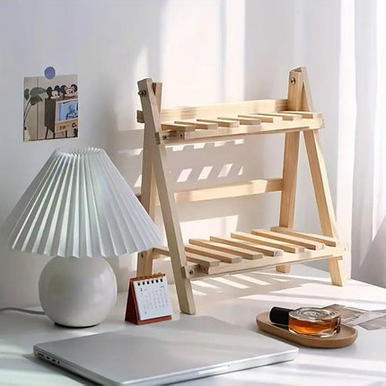 Wooden Desktop Storage Rack Double-Layer Desktop Storage Shelf Folding Organizer