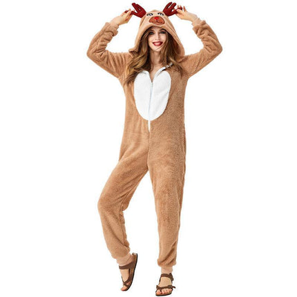 Christmas Reindeer Onesie Adult Khaki Cosplay Pajamas Comfy Animal Costume - Aimall