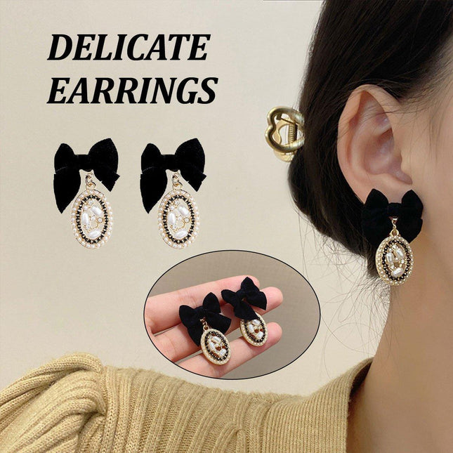 Vintage Oval Earrings Women Black Bow Elegant Jewelry Fashion Accessories