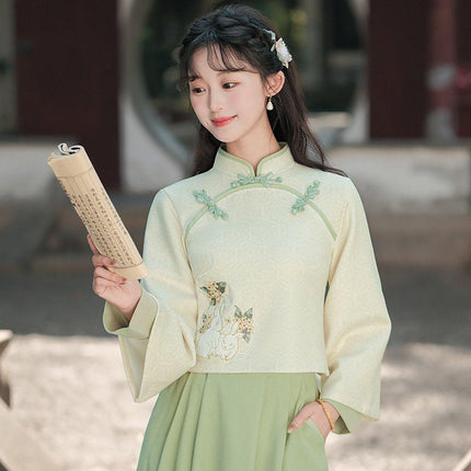New Chinese Embroidery Green Hanfu Two-Piece Set Autumn Winter Coil Buckle Daily