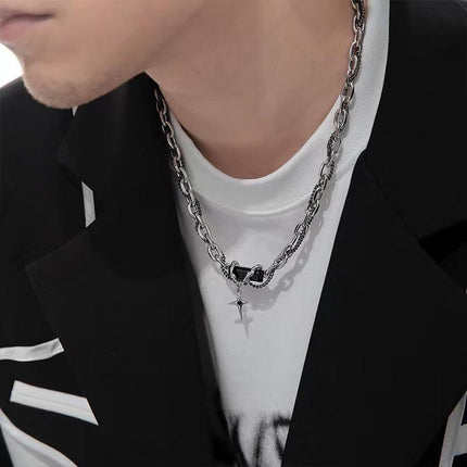 Punk Style Heart Charm Choker Silver Thick Link Chain Collar Necklace Fashion - Aimall