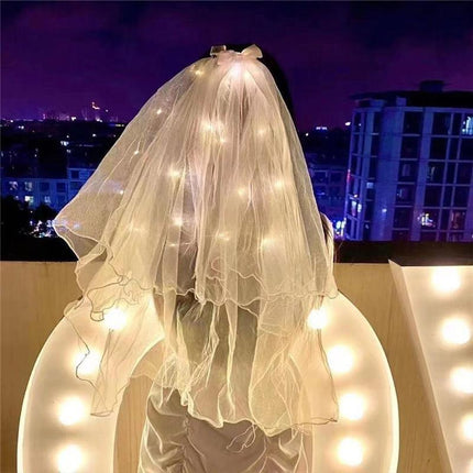 Bow Flower Girl Children Kids Hair Head Veil pearl with Lamp Flashing Wedding - Aimall