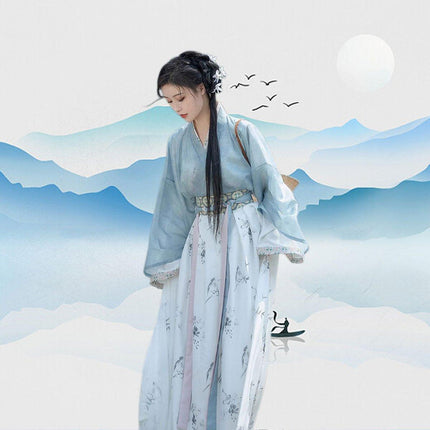 Womens Hanfu Blouse Ink Wash Guofeng Waist Top Eight Panel Skirt Daily Wear