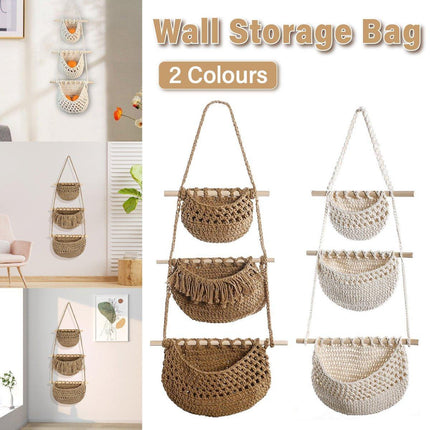 Three Layer Cotton Rope Wall Hanging Basket Door Storage Rack Organizer Bag