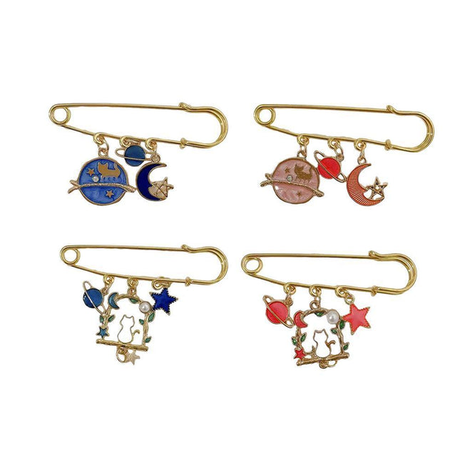 Cartoon Metal Brooch Cute Cat Swinging With Planet Moon Pendant Brooch Pin - Aimall