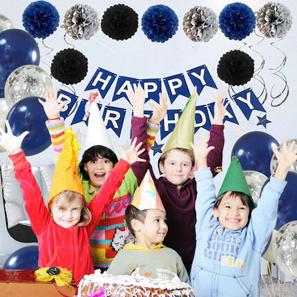 47pcs Blue Birthday Banner Balloon Set Party Decoration Blue Silver Paper Flower