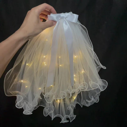 Bow Flower Girl Children Kids Hair Head Veil pearl with Lamp Flashing Wedding - Aimall