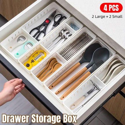 4PCS Drawer Storage Organizer Box Multi Compartment Kitchen Tableware Sorting