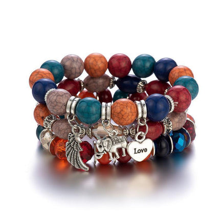 3PC Women's Boho Wooden Natural Stone Beads Tassel Bracelet Set Bodhi Beaded