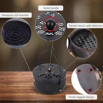 Fireproof Wrought Iron Mosquito Coil Holder with Cover for Indoor Outdoor Use