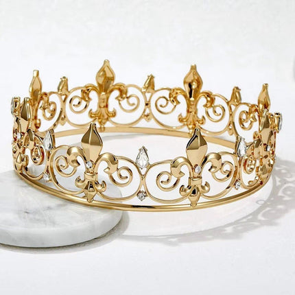 Gold King Crown Alloy Royal King Crown for Men Full Round Crowns Wedding