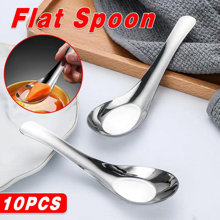 10pcs Stainless Steel Flat Bottom Spoon Household Kitchen Dining Soup Spoon Set