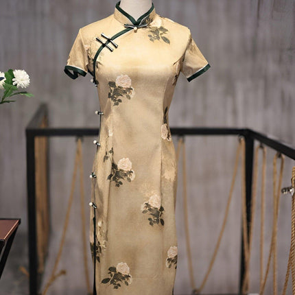 Retro Chinese Style Yellow Jacquard Cheongsam Short Sleeve Improved Young Style