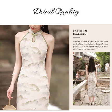 Spring Summer Silk Hemp Cheongsam Long Dress Improved Sleeveless Chinese Qipao