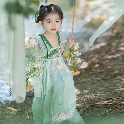 Chinese Style Green Hanfu Dress for Girls Summer Outfit Traditional Fashion