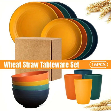 16Pcs Wheat Straw Dinnerware Serving Set Unbreakable Tableware Plates Microwave