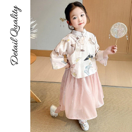 Chinese Hanfu Girls Tang Suit New Traditional Dress Pink Butterfly print Outfit