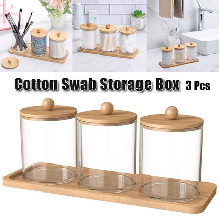 3pcs/set Cotton Swab Holder with Vanity Tray Clear Apothecary Jar Wood Lids