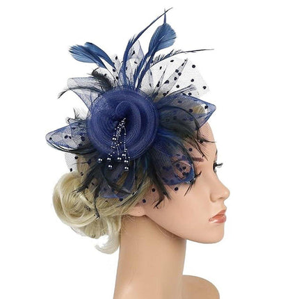 Blue Vintage Bridal Headdress Feather Flower Mesh Hair Accessories for Cheongsam