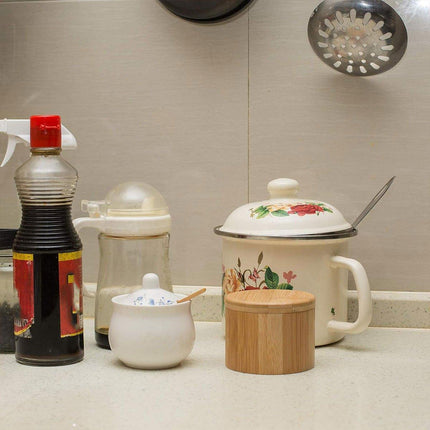 Bamboo Salt Box with Lid Mini Spoon Round Spice Storage Jar Kitchen Utensils Set