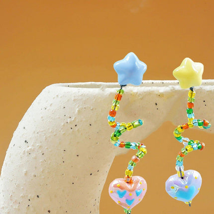 Colourful Beaded Resin Love Earrings Asymmetrical Cloud Drop Long Dangle Jewelry