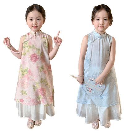 Girls New Chinese Style Cheongsam Dress Set Summer Traditional Outfit