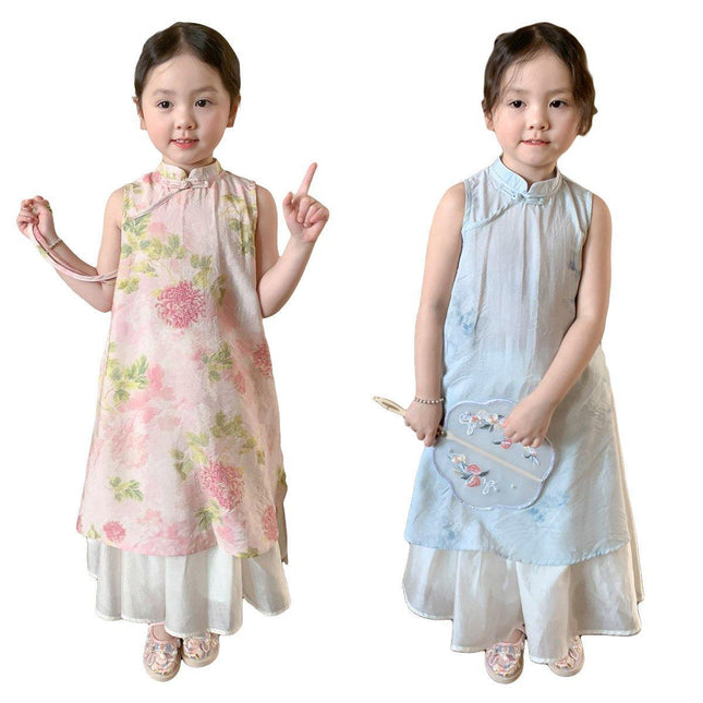 Girls New Chinese Style Cheongsam Dress Set Summer Traditional Outfit
