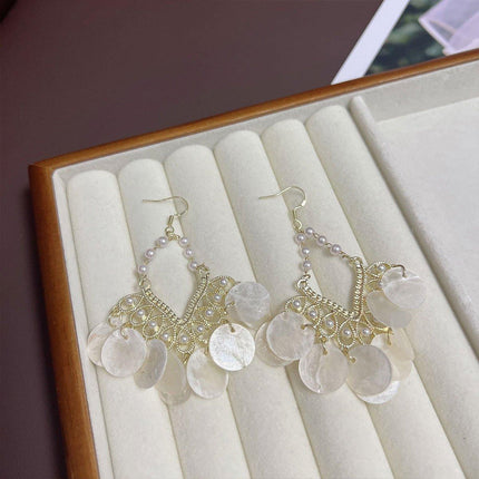 Shell Tassel Earrings Court Style Geometric Scalloped Design Fashion Jewelry