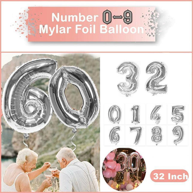 Silver 32" Foil Number Balloon 81cm Rose Gold Silver Rainbow Birthday Party Wedding - Aimall