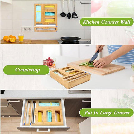Bamboo Kitchen Storage Box for Plastic Wrap Tin Foil Paper Cutter with Lid