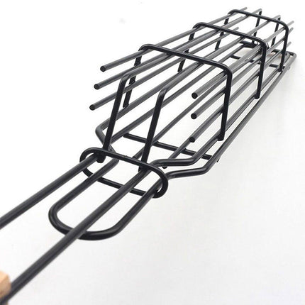 4PCS Outdoor BBQ Grill Basket Wooden Handle Sausage Hot Dog Corn Grilling Net