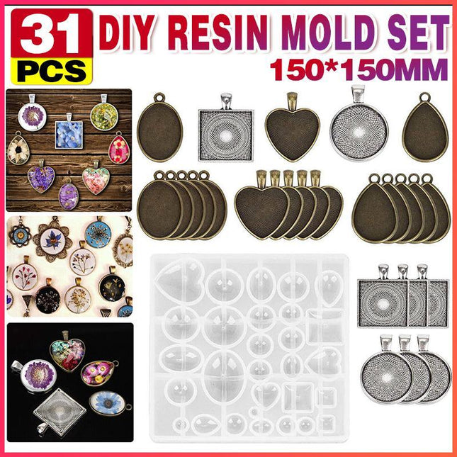 31PCS DIY Silicone Resin Mold Jewelry Casting Epoxy Pendant Tray Mould Craft Kit - Aimall