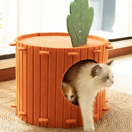 Semi-Enclosed Felt Cat Cave Bed Soft Scratching Relaxing Warm Carrot Cave House