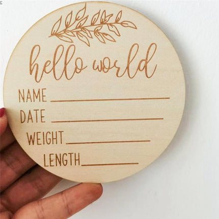 Hello World Baby Birth Announcement Plaque Wooden Disc Introducing Name Card - Aimall