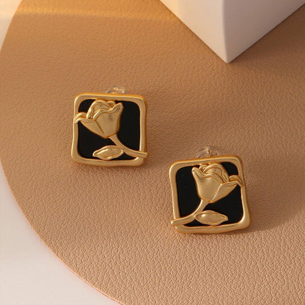 Vintage Matte Black Rose Square Stud Earrings Elegant Fashion Jewelry Women
