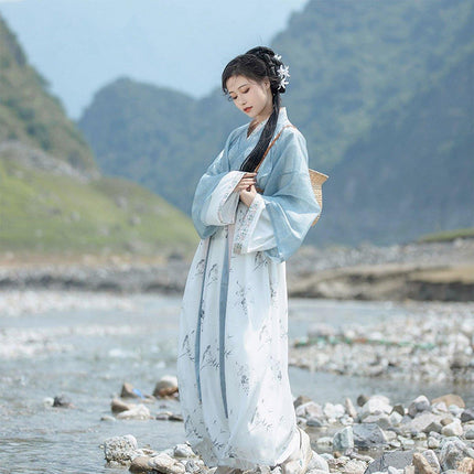 Womens Hanfu Blouse Ink Wash Guofeng Waist Top Eight Panel Skirt Daily Wear