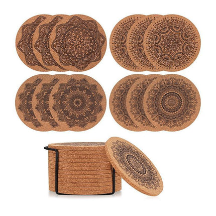 12Pc Cup Coasters Coffee Pad With Rack Nordic Mandala Round Cork Coaster - Aimall
