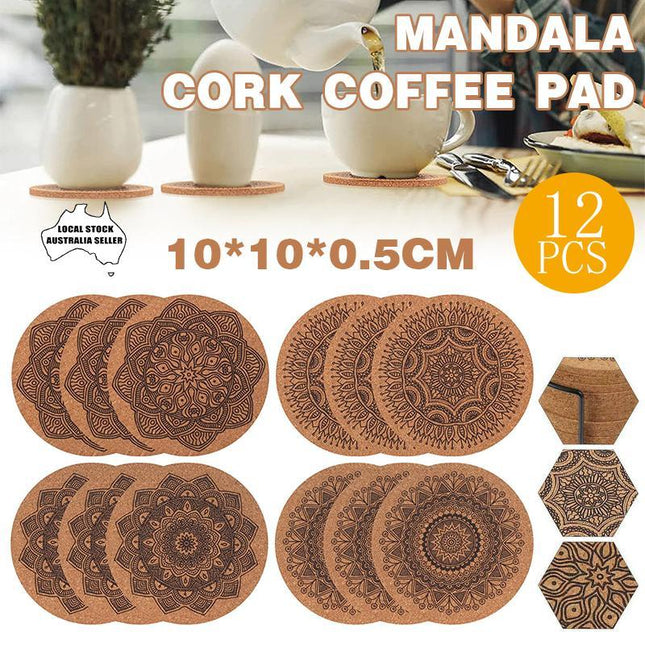 12Pc Cup Coasters Coffee Pad With Rack Nordic Mandala Round Cork Coaster - Aimall