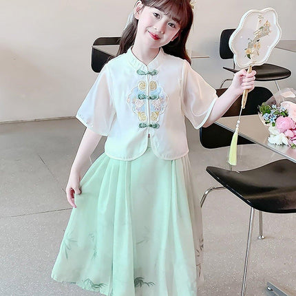 Traditional Chinese Style Girls Hanfu Vest Cardigan and Skirt Set for Costume