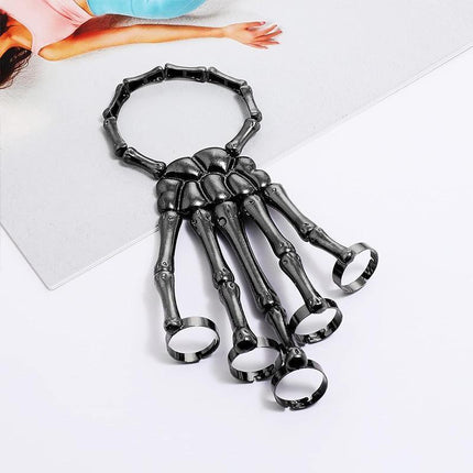 Punk Skeleton Hand Bone Five Finger Ring Bracelet Adjustable Halloween Brace - Aimall