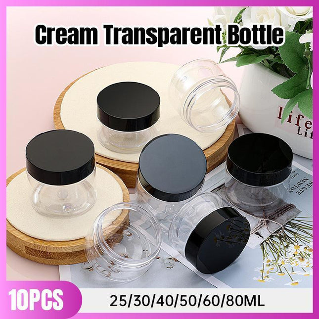 10pcs Wide Mouth Plastic Jars Black Lid Transparent Skin Care Cream Containers