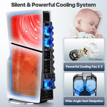 PS5 Slim Cooling Fan For PS5 Slim Disc/Digital Console Cooler Fan LED USB 3.0
